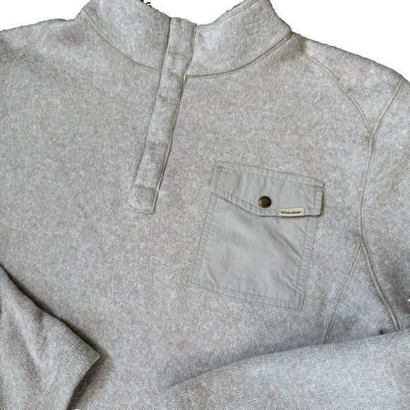 WOOLRICH Pullover Sweater Men's LRG Beige Snap Button Fleece Pocket Outdoor Warm - Picture 1 of 8